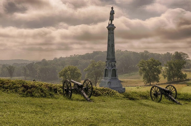 The "High Water Mark" on Cemetery Ridge as it appears today. The monument to the 72nd Pennsylvania Volunteer Infantry Regiment ("Baxter's Philadelphia Fire Zouaves") appears at right, the Copse of Trees to the left.