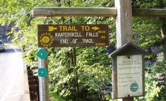 Catskill State Park. Kaaterskill Falls Trail is a 1.3 mile heavily trafficked out and back trail located near Elka Park, NY that features a waterfall and is rated as moderate. The trail is primarily used for hiking and is accessible from April until October. Dogs are also able to use this trail.