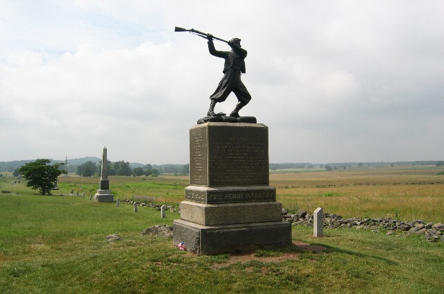 Monuments at Gettysburg feature wounded soldiers, but in each there is a focal point of another theme. In the Louisiana monument, the wounded soldier clutches his heart while Spirit Triumphant flies overhead. The Mississippi monument depicts a comrade standing over his fallen brother wielding his rifle as a club against oncoming attackers.