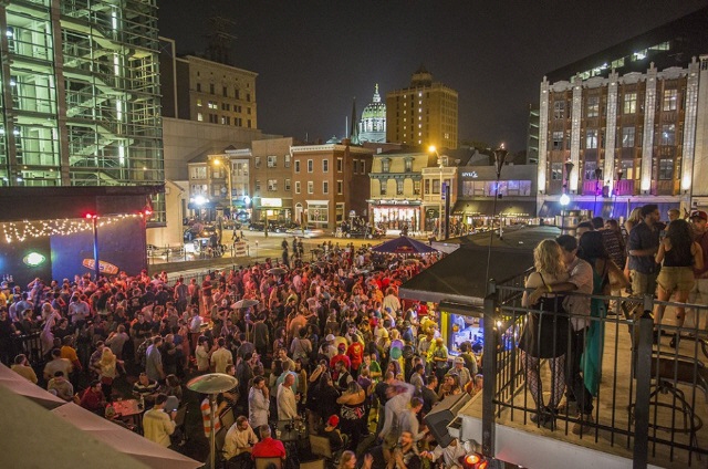 Crowds enjoying the bars and restaurants of Second Street in Harrisburg on a Saturday evening.